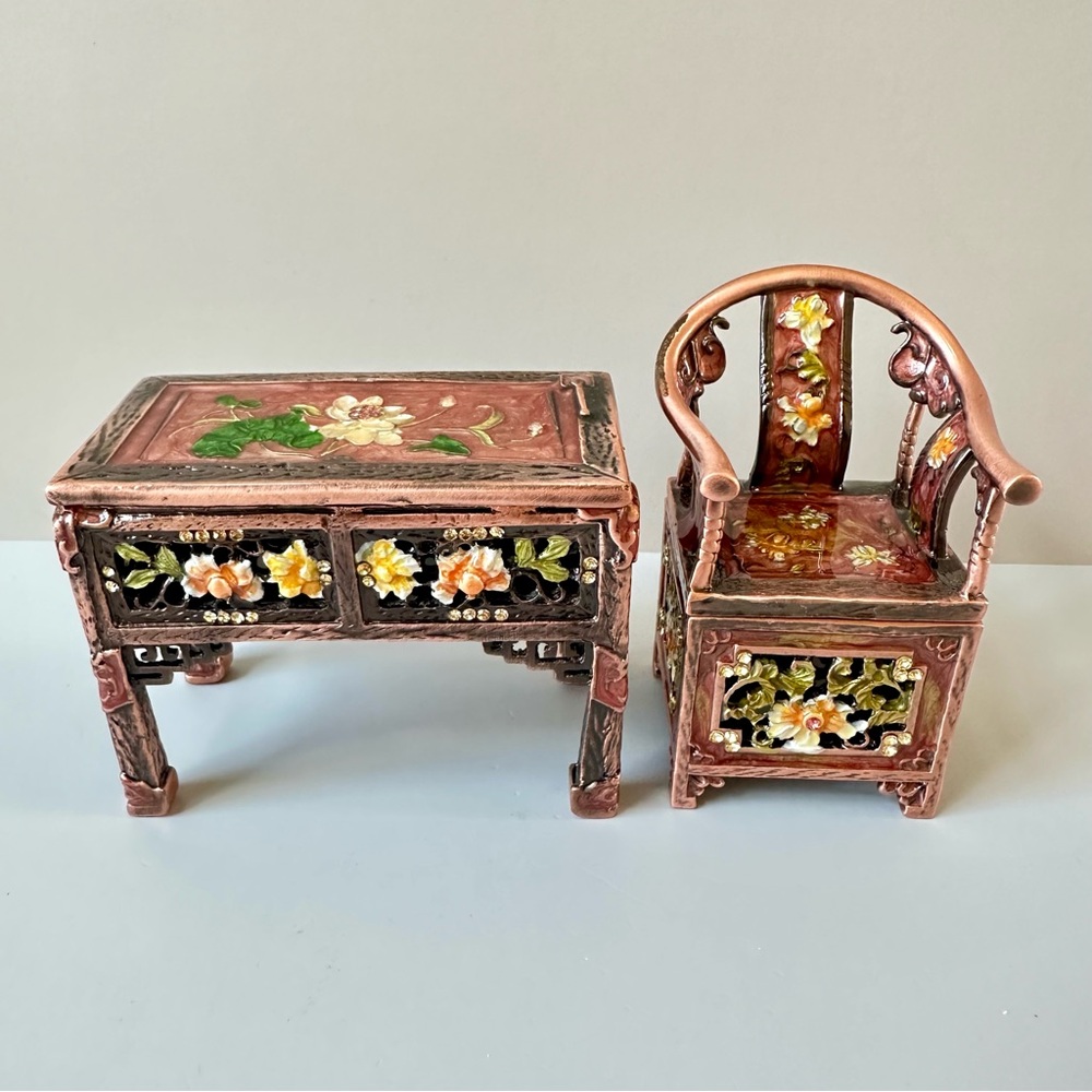 Miniature Table and Chair Set Jewelry Trinket Box Enamel Bejeweled Crystal Alloy